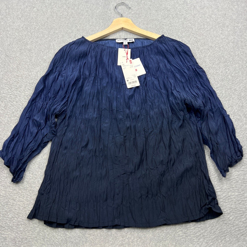 NEW Uniqlo Ines de la Fressange Crepe Blouse Womens Medium Blue Crew Long Sleeve